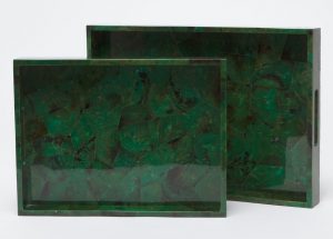 A set of two green malachite trays with a marbled pattern, one larger and one smaller, displayed on a white background.