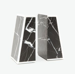 Two rectangular bookends with a black and white marble design, standing side by side against a plain background.