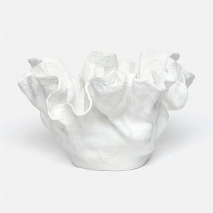 White ceramic bowl with a unique, organic shape, resembling a seashell or coral, resting on a surface.