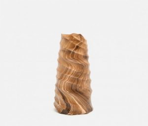Carved mango wood vase with swirled patterns on a white background.