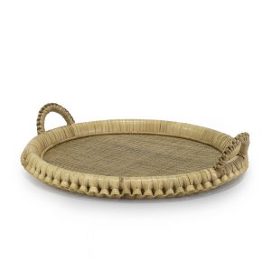 Round wicker tray with brown woven base and wrapped handles, set against a white background.