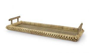 Rectangular blonde pole rattan tray with brown washed abaca mat on bottom, wrapped handles available in blonde or grey rattan.