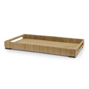 Large rectangular abaca rope tray with a woven design, placed on a white surface.