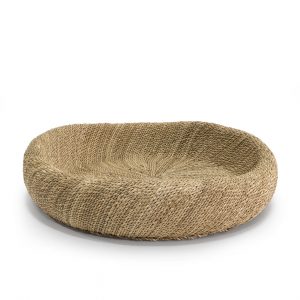 Natural woven rope bowl with a wavy design, set against a white background.