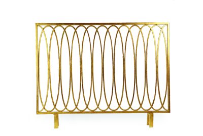 Antiqued gold oval loop iron decorative firescreen with no wire screen in place to trap embers