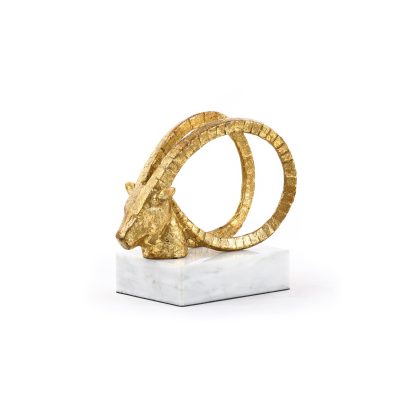 Gold Art Deco ibex horn statue on a marble base