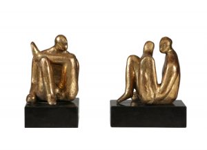 Gold leaf sitting statues, pair of, cast iron, marble base, bookends or art piece, decorative accessory