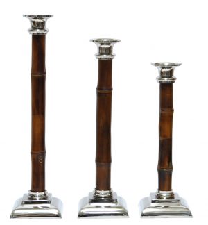 Three candleholders, two large and one small, made of nickel and bamboo, displayed against a white background.