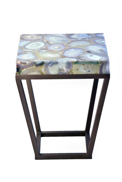 Jemagate Agate Side Table with iron base and multi agate translucent top.