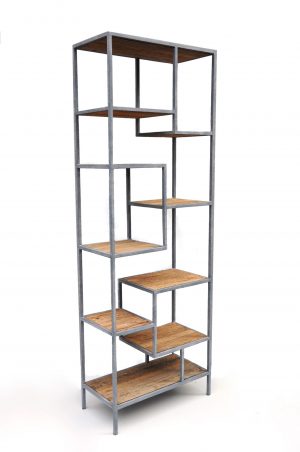 A multi-level bookcase with natural antiqued wood shelves and a rustic iron frame, limited stock available in Los Angeles.