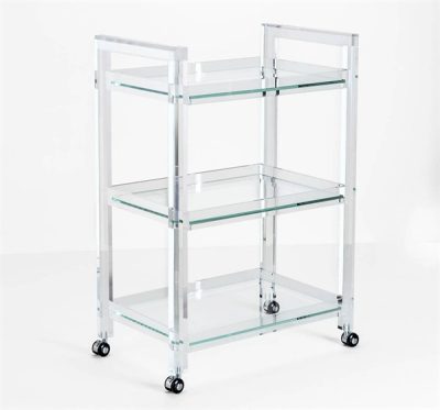 Clear acrylic and glass bar cart with three shelves, showcasing its transparent design.
