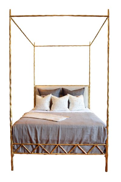 Mandy King Four Poster Twisted Metal Bed with Canopy featuring a tufted headboard and four metal posts that create an elegant canopy