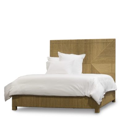 Queen rope platform bed with white pillows and a woven headboard.