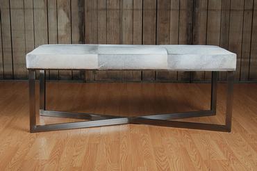 Raul Grey Leather Double Bench with a zinc finish metal base full grain grey shaded cowhide leather upholstery and criss-cross design on