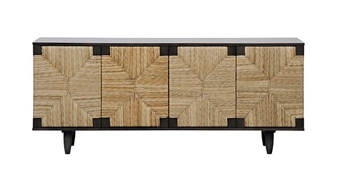 Small wooden buffet with a mahogany finish and four doors, featuring a unique geometric design on its front panels.