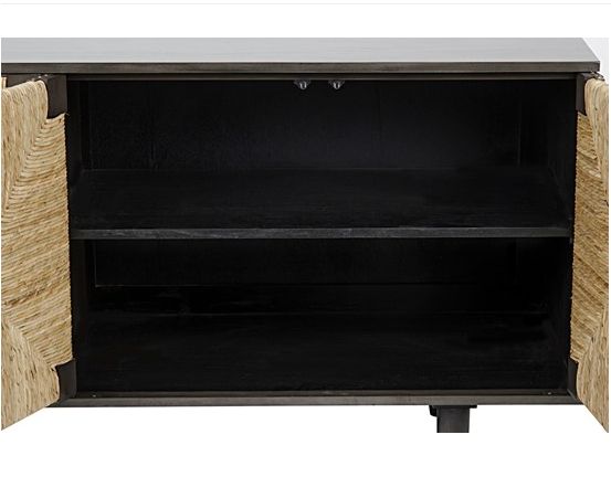 Mahogany Rush Buffet, 4 doors, small size, entertainment center style, black interior, woven front panels, side view
