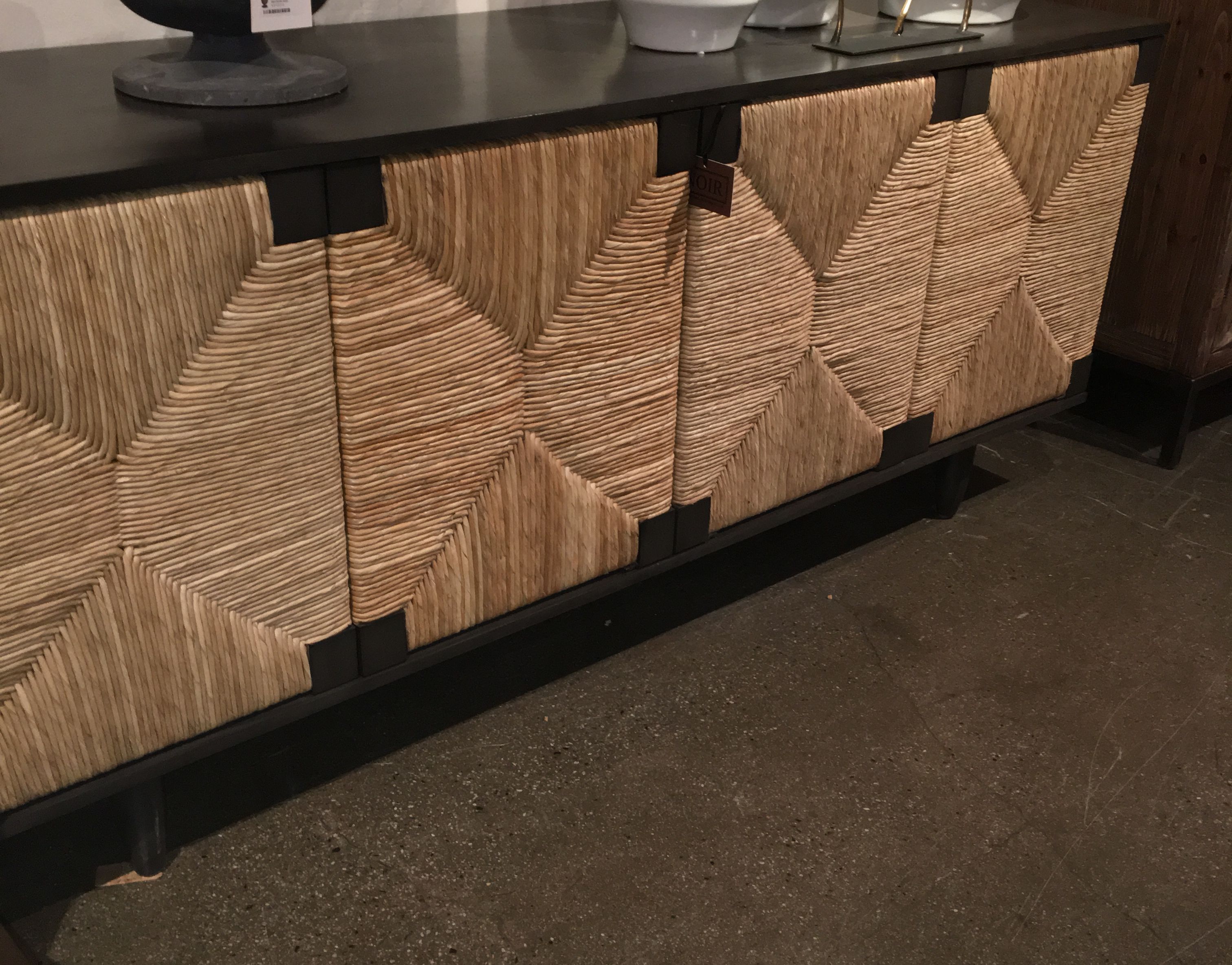 Mahogany Rush Buffet, 4 door design, medium size, showcasing a decorative front panel with geometric patterns and a sleek, modern style.