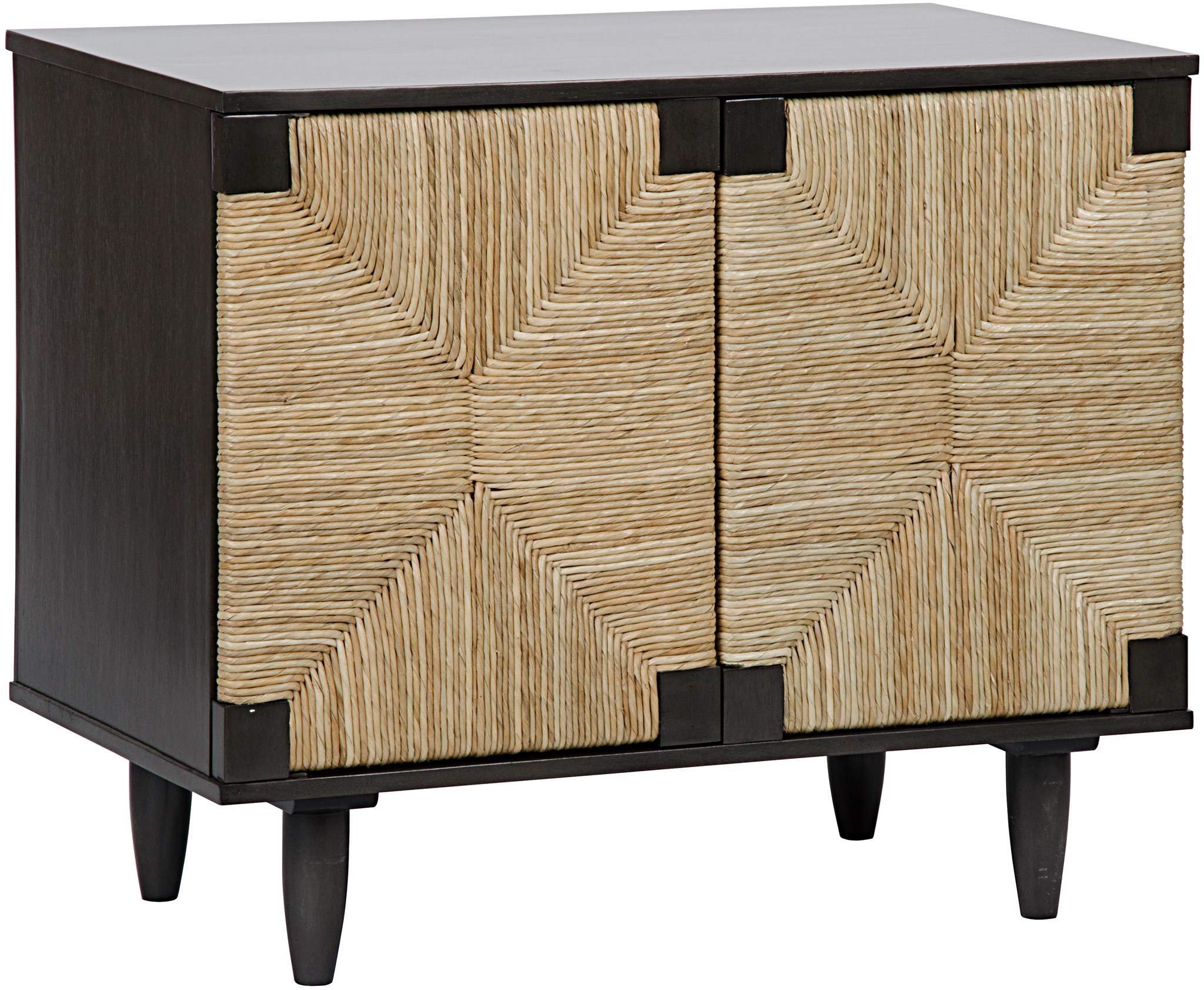 Small wooden buffet with two doors and a woven design, featuring black legs and a simple pattern on the front panel.
