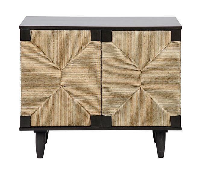 Small wooden buffet with a woven texture and two doors, set against a white background.