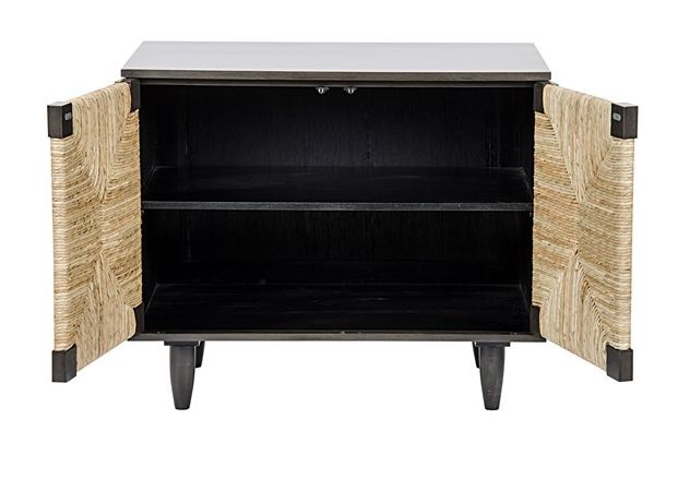 Small wooden buffet with two doors and a decorative top.