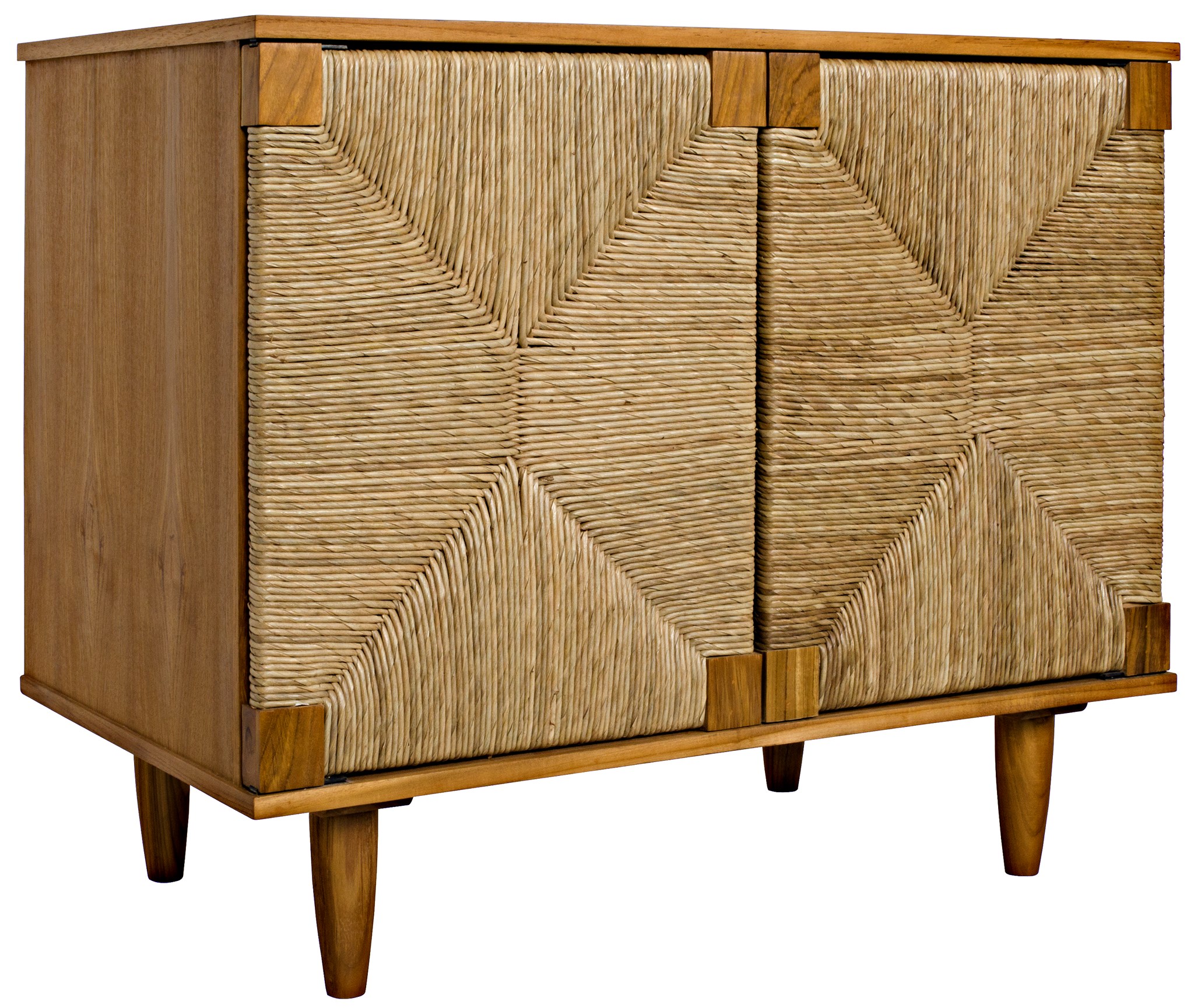 Brown wooden buffet with woven front panels and two doors, against a white background.