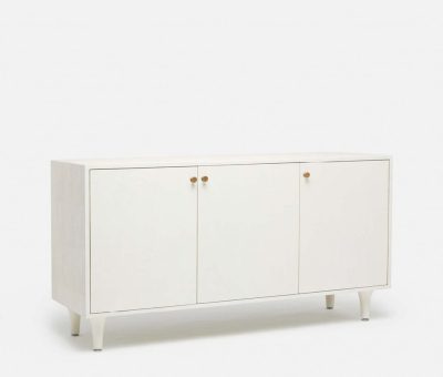 White buffet with three doors and a back panel cutout for media components available in castor grey navy off white and pristine