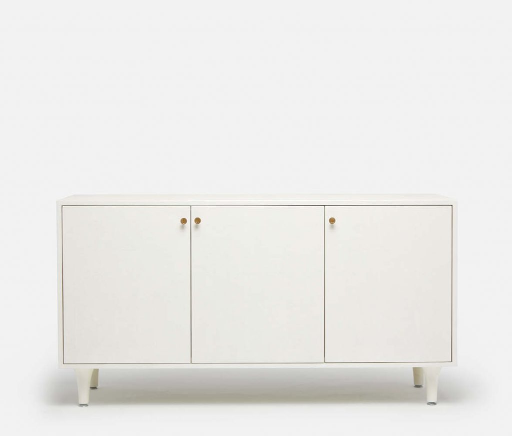 White buffet with three doors, set against a white background.