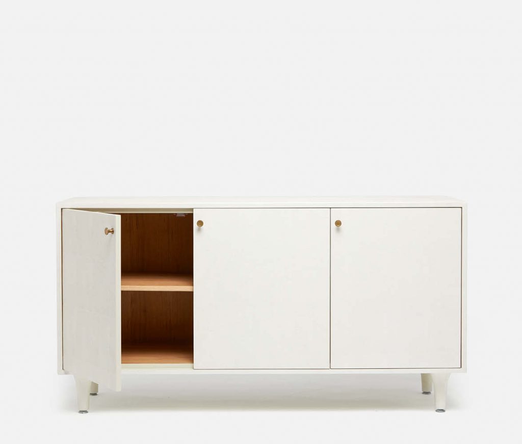 White three door buffet with open doors and wooden handles, against a white background.