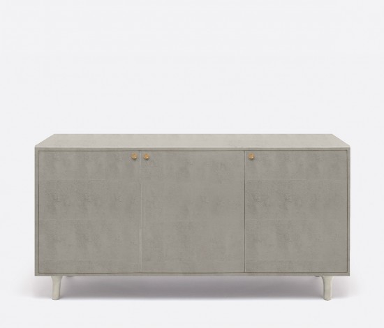 Grey three door buffet with a modern design, featuring a faux shagreen finish and gold handles on the doors.