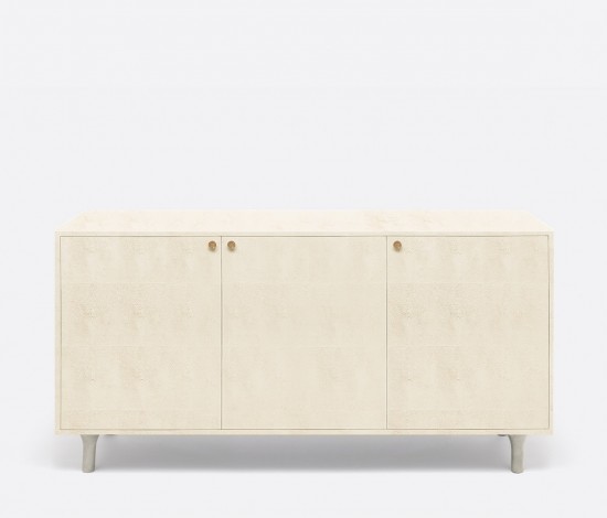 The image shows a modern minimalist buffet with three doors in a light wood finish It is placed against a white background