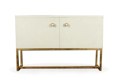 A two-door buffet with a faux shagreen finish metal pulls and frame fixed left shelf adjustable right shelf and four compartments available