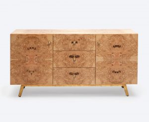 Troy Olive Ash Burlwood Buffet with 3 Center Drawers and Two Side Doors, showcasing its natural wood grain texture and gold accents.
