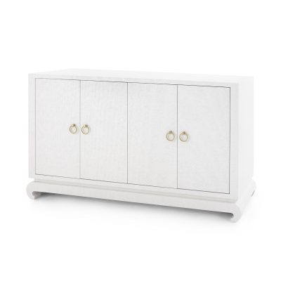 White lacquered buffet with two doors and adjustable shelves, featuring gold ring pulls and European hinges.