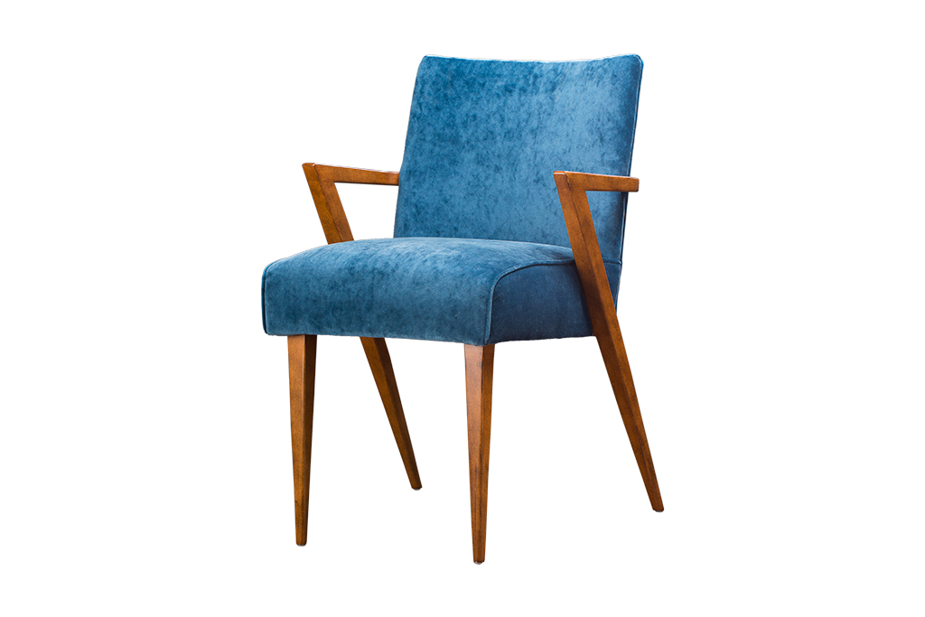 Mid-century style dining chair with angular oak arms and legs in toffee finish original design from Belgium cafe available in various fabrics
