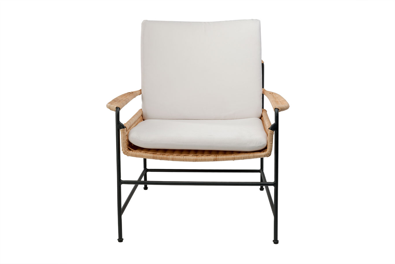 A woven rattan and iron club chair with a white cushion in a canvas natural sunbrella fabric presented at an angle against