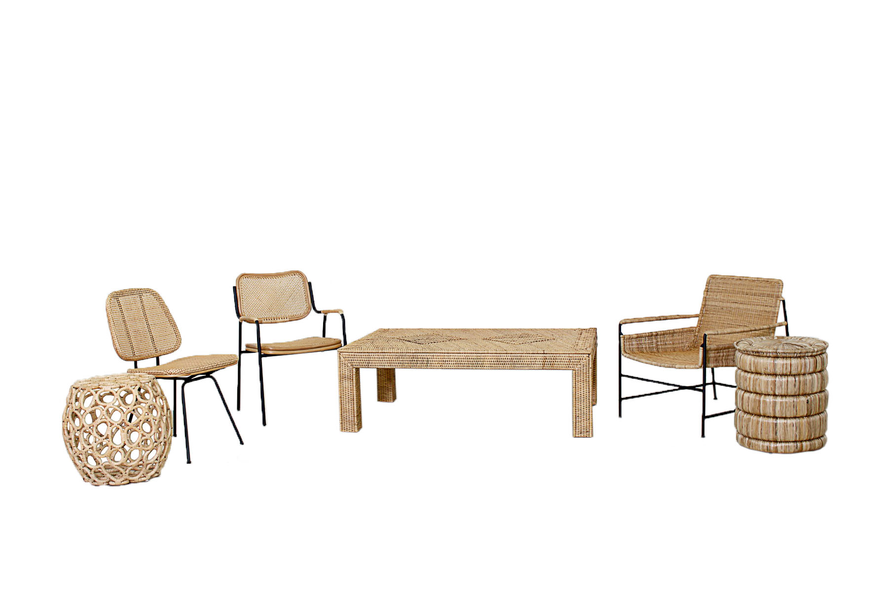 The image displays a set of four wicker and metal club chairs with cushioned seats arranged in a square formation Each chair