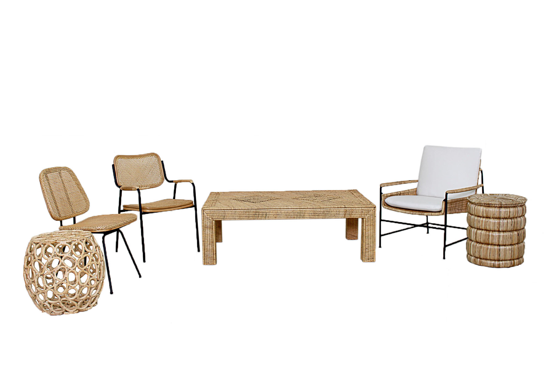 Brown wicker and metal club chair with cushion, set against white background