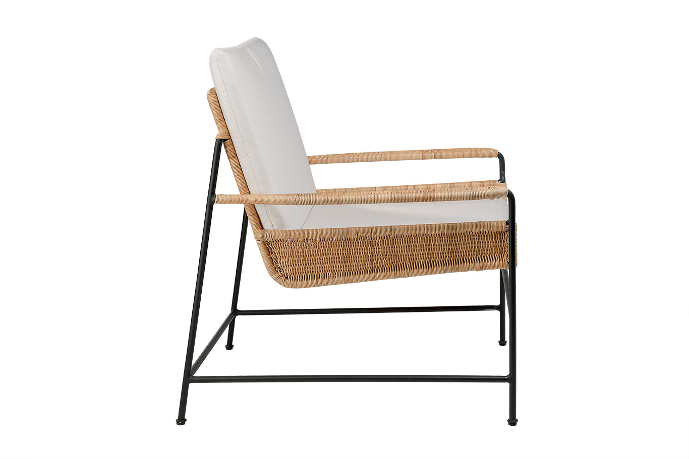 A black metal and woven rattan club chair with a white cushion in a natural sunbrella fabric, placed against a plain background.