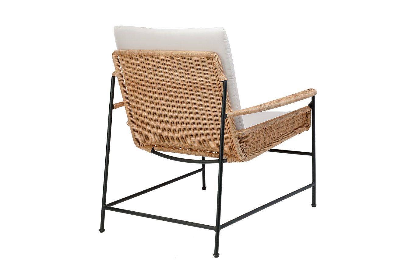 A woven rattan and iron club chair with a cushioned seat and back, positioned against a white background.