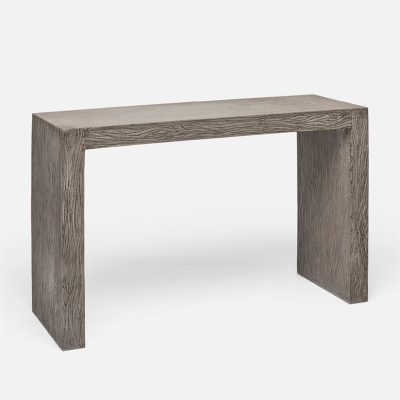 Dark gray etched concrete parsons console table with a rectangular top and straight legs, set against a white background.