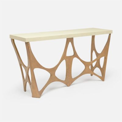 Modernist console table with geometric design featuring a wooden base and a unique top in faux shagreen or faux linen finish available