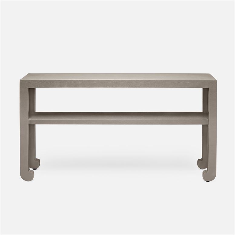 Modern console table with a rectangular top and two shelves, featuring a sleek design with a metallic finish.