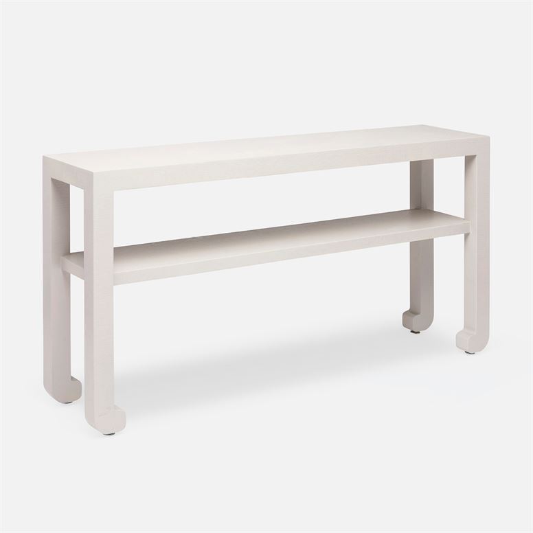 White ming style console with a faux raffia finish, available in three sizes and two colors.