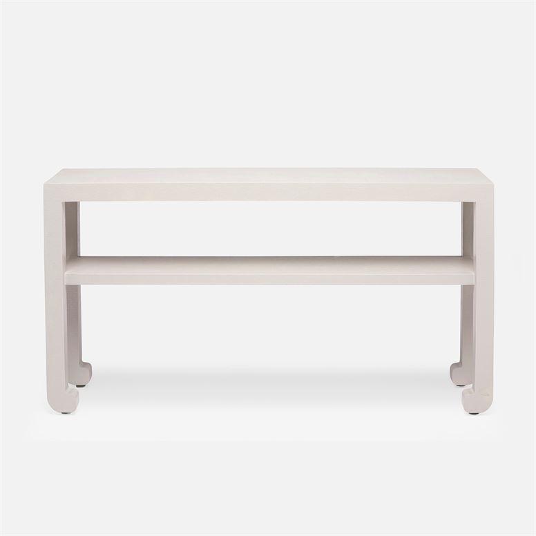 The image displays a modern minimalist style console table with a rectangular top and two visible drawers It features a sleek design