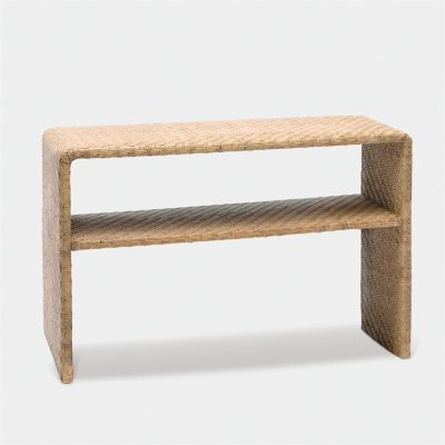 Narrow rattan console table with a waterfall design and rounded corners, available in natural or dark rattan.
