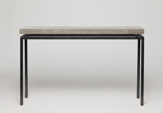 Small console table with a black metal frame and a grey faux shagreen top, set against a white background.