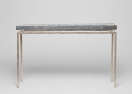 Small, modern console with a clean lined design, featuring a faux shagreen top in ivory, grey, sand or mushroom color.