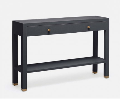 Dark wooden console table with two drawers and a shelf, featuring a modern design with brass handles and legs.