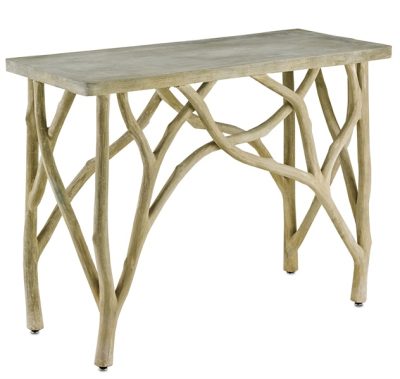 A wooden console table with a natural texture, featuring intricate branch designs and a sturdy frame, set against a white background.