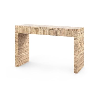 A sleek console table with a single drawer, featuring a natural or white grasscloth finish.